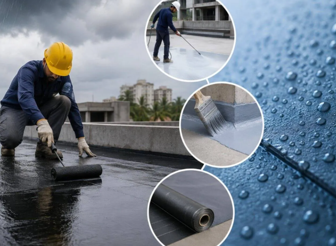 Terrace surface treated with waterproofing coating